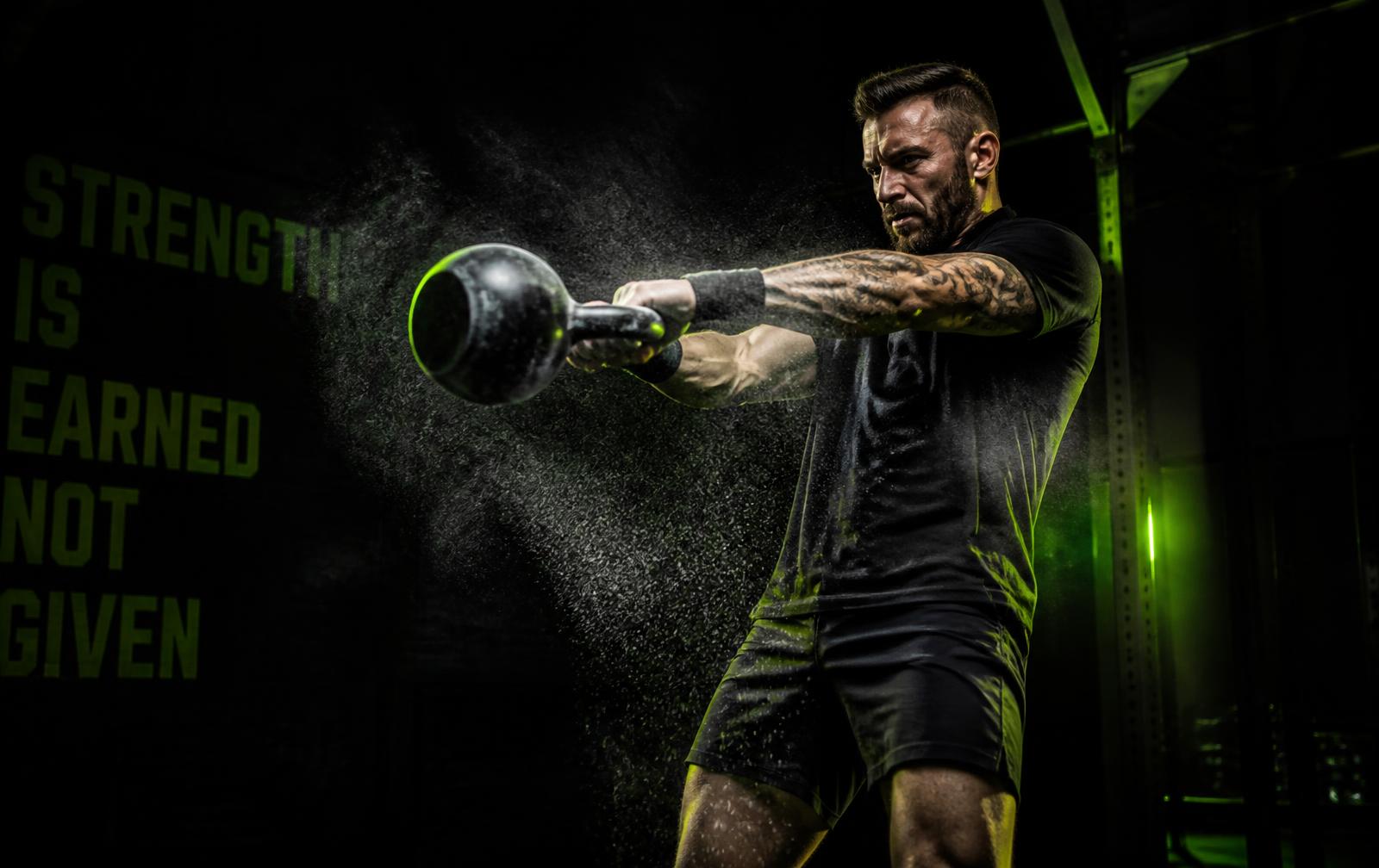 Athlete swinging a kettlebell in a dark gym